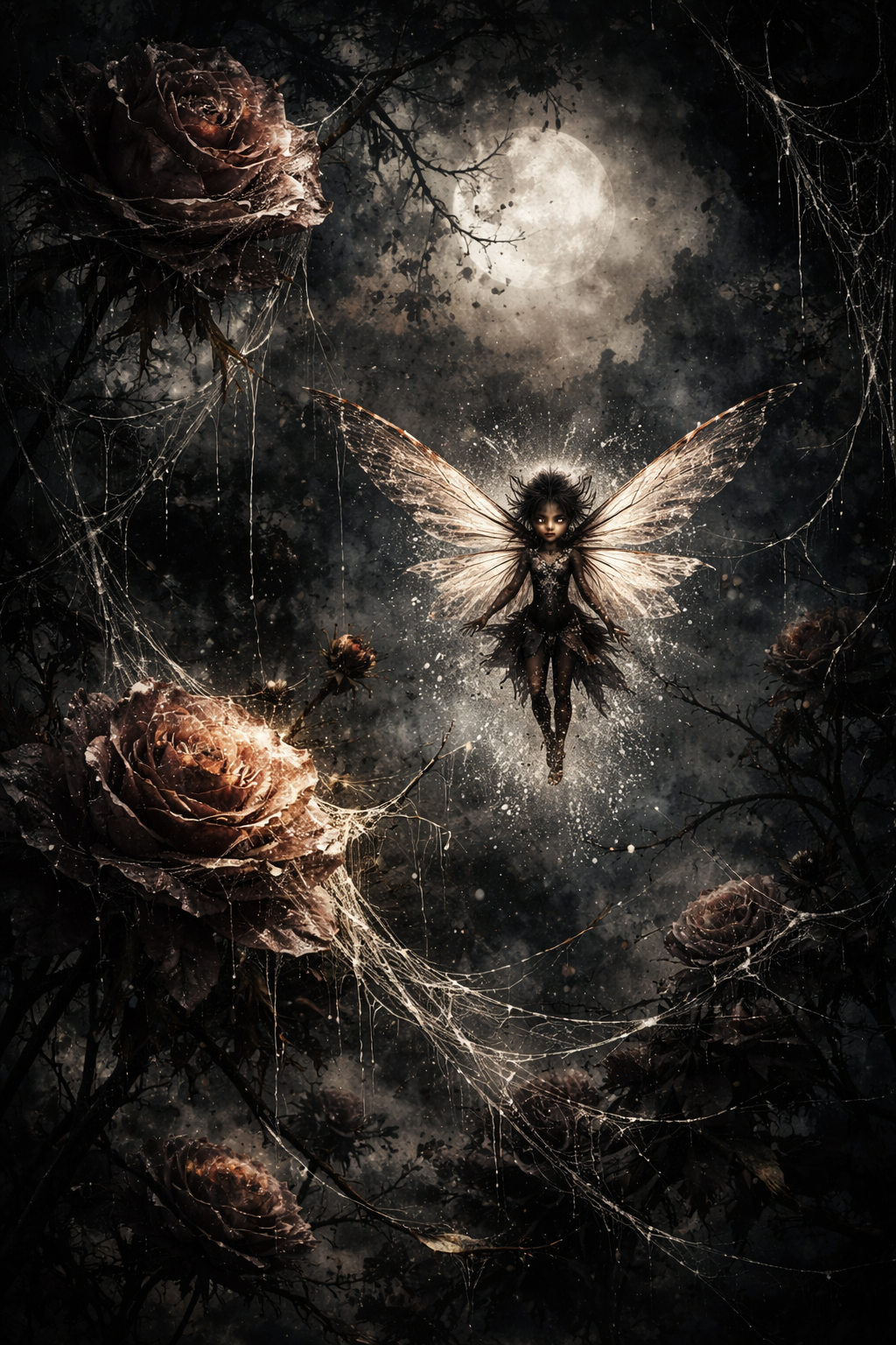 Dark fantasy fairy with translucent wings hovering among cobwebbed roses under a moonlit night.