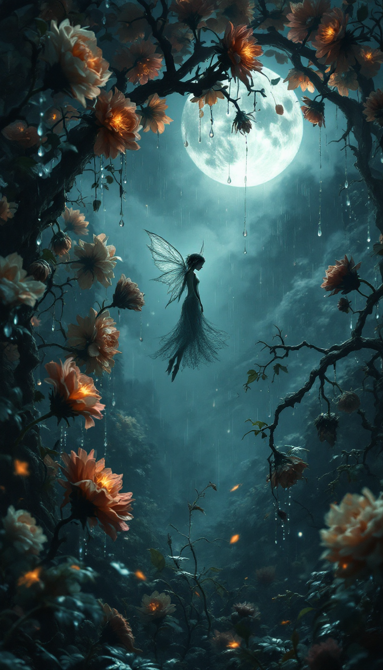 Moonlit fairy suspended in a dark forest frame, surrounded by glowing orange flowers.