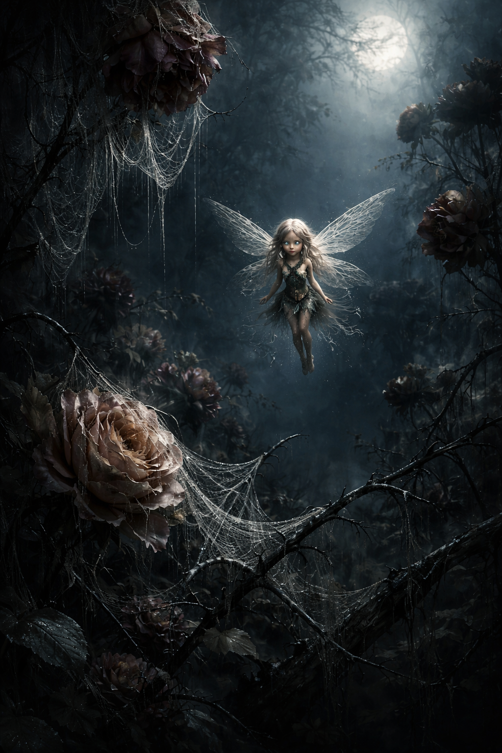 Fairy with transparent wings hovering in a moonlit, eerie forest filled with cobwebs.