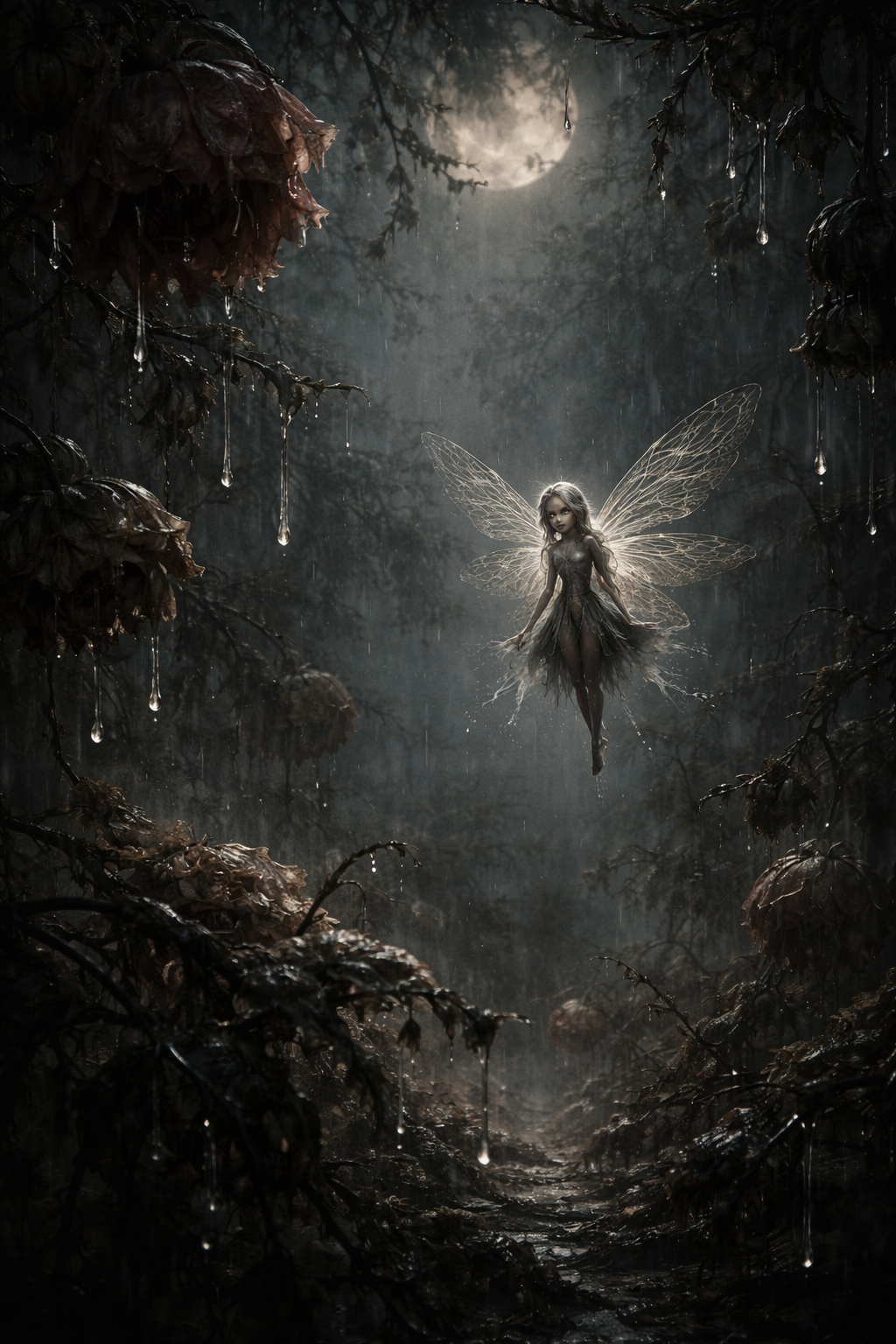 Moonlit forest fairy hovering in a dark, misty woods with glowing wings.