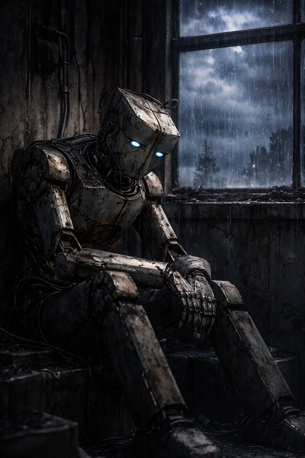 Weathered metal robot sitting by a rain-soaked window in a dilapidated room with glowing blue eyes.