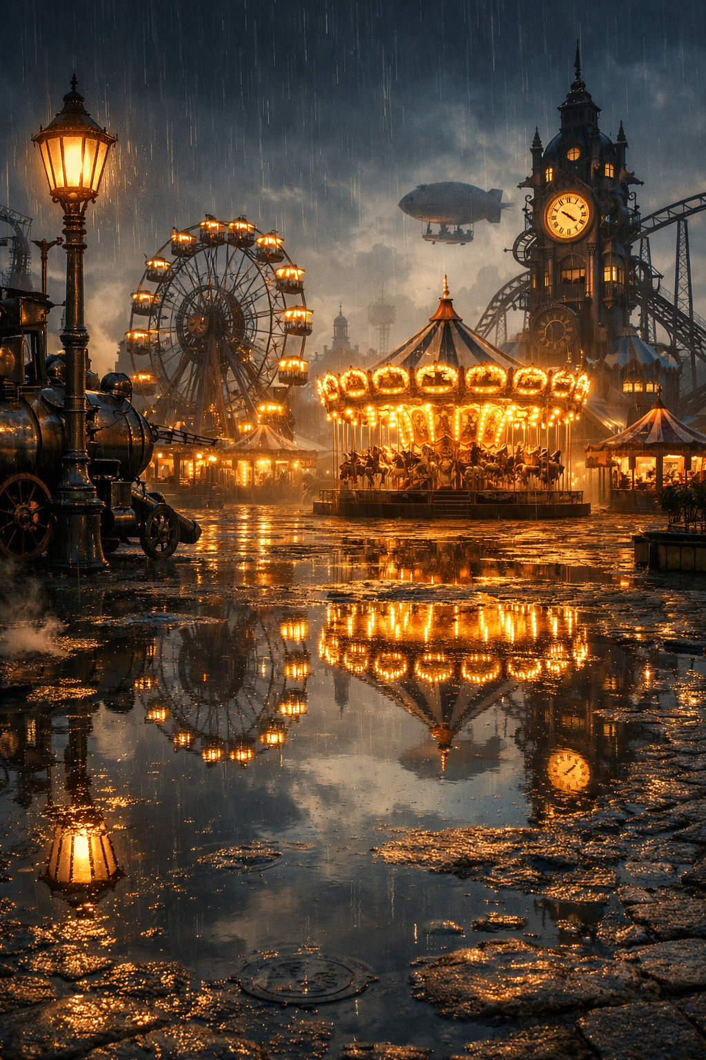 Rainy night at a neon-lit amusement park with a carousel, Ferris wheel, clock tower, and lampposts.