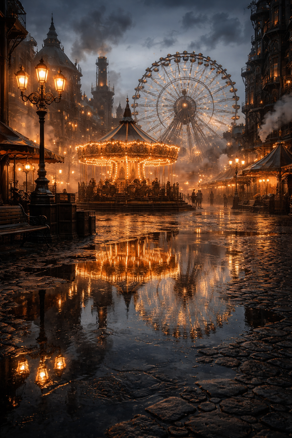 Moody night scene with a glowing carousel and Ferris wheel in a rain-soaked urban square.