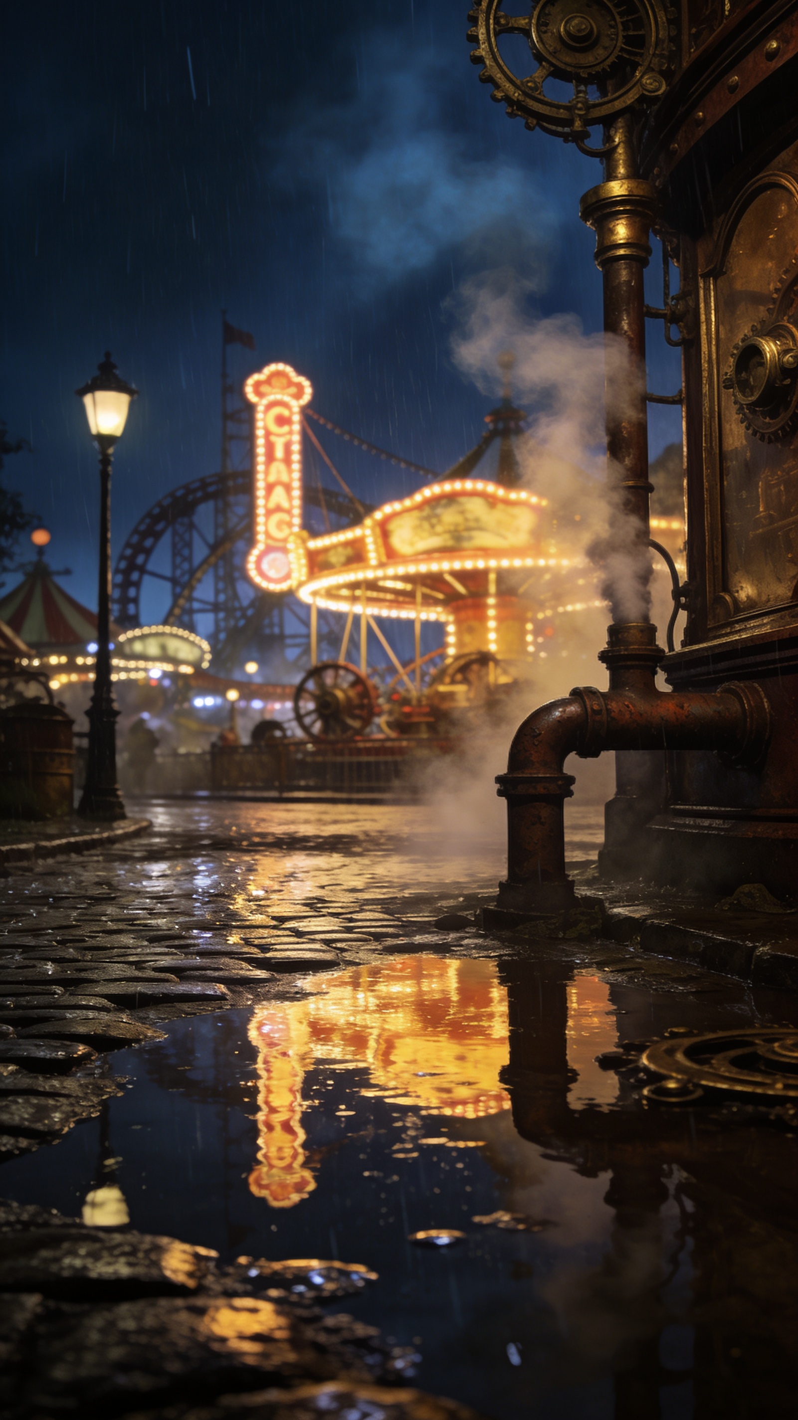 Nighttime scene of a rain-soaked cobblestone street with steam, vintage lamps, and a brightly lit Chicago sign in the back...