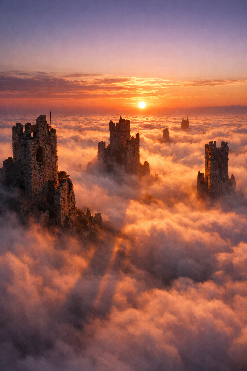 Ancient castle ruins rising from orange-pink clouds at sunset.