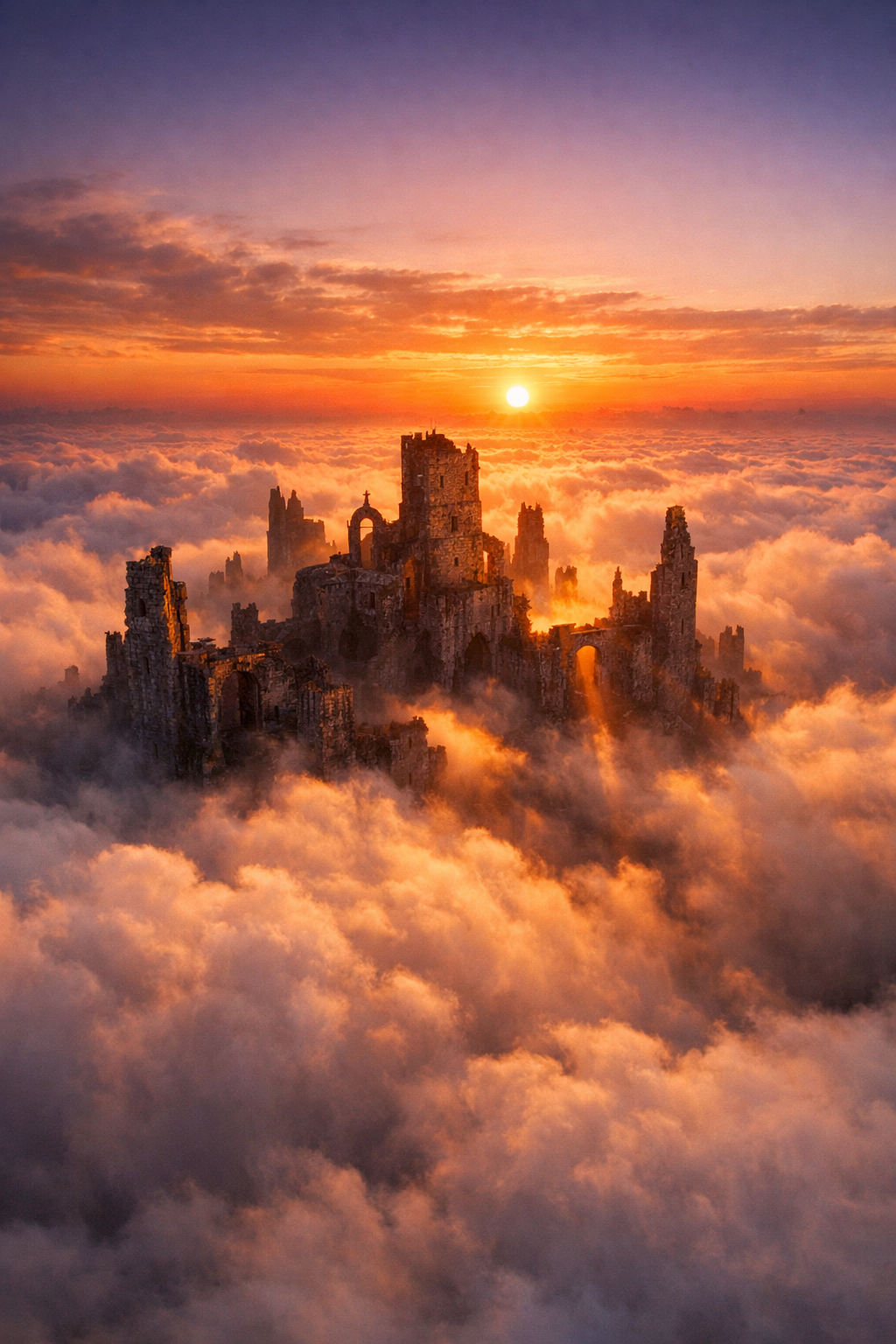 Sunset over ancient castle ruins rising above a sea of clouds.
