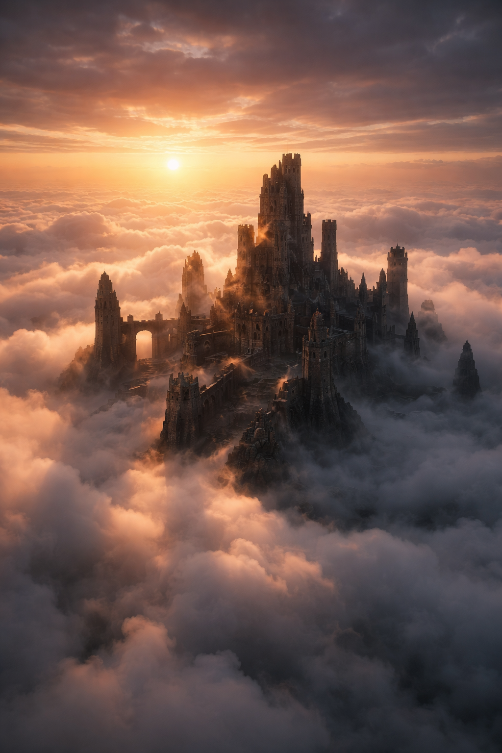 A towering medieval castle emerging from thick orange clouds at sunset.