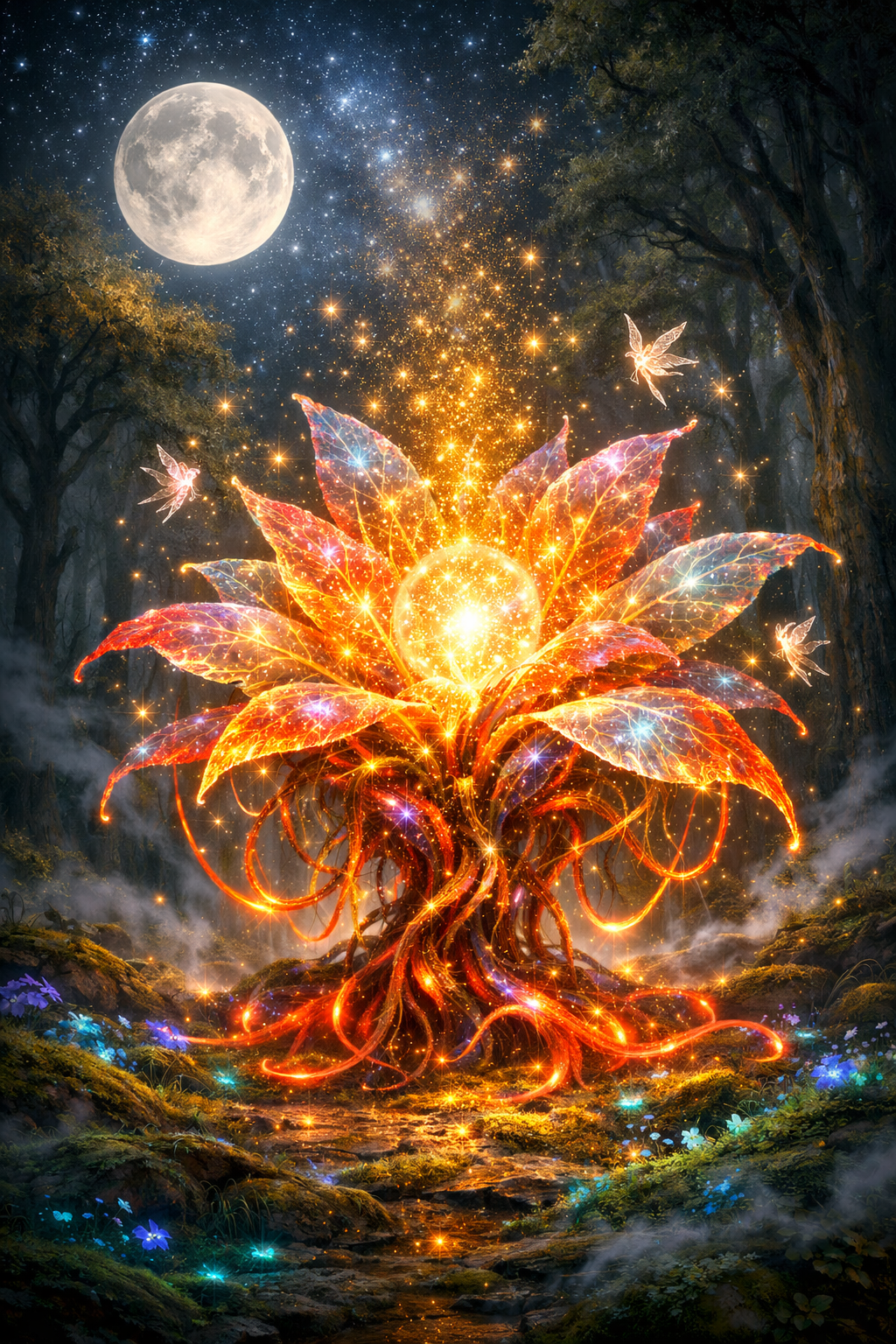 A luminous fiery flower tree with glowing petals in a moonlit forest.