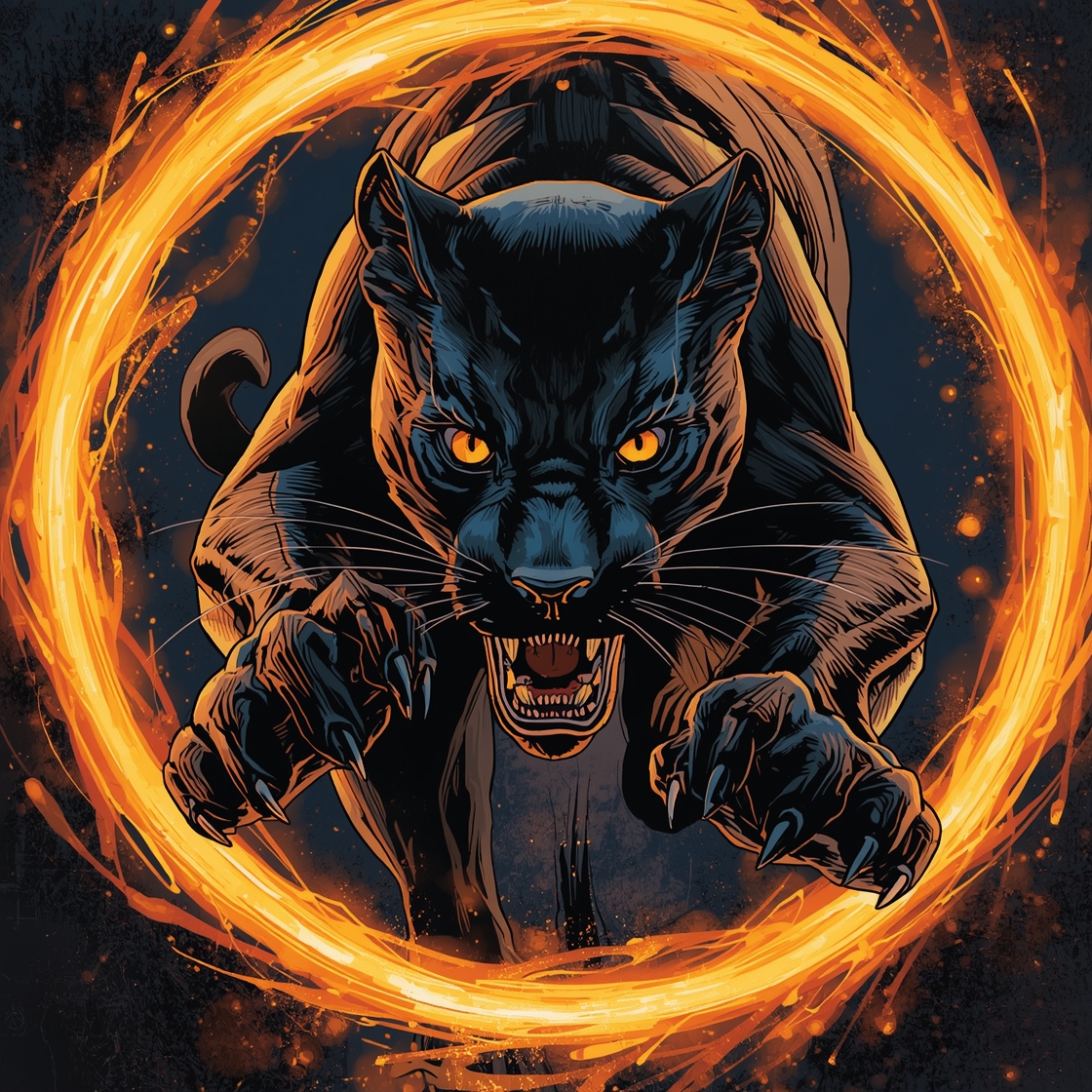 Fierce black panther leaping through a fiery orange ring with glowing eyes and sharp claws.