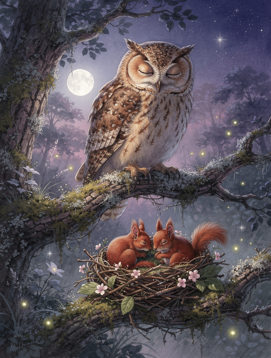 Owl perched on a branch overlooking a cozy nest with two red squirrels under a moonlit forest.