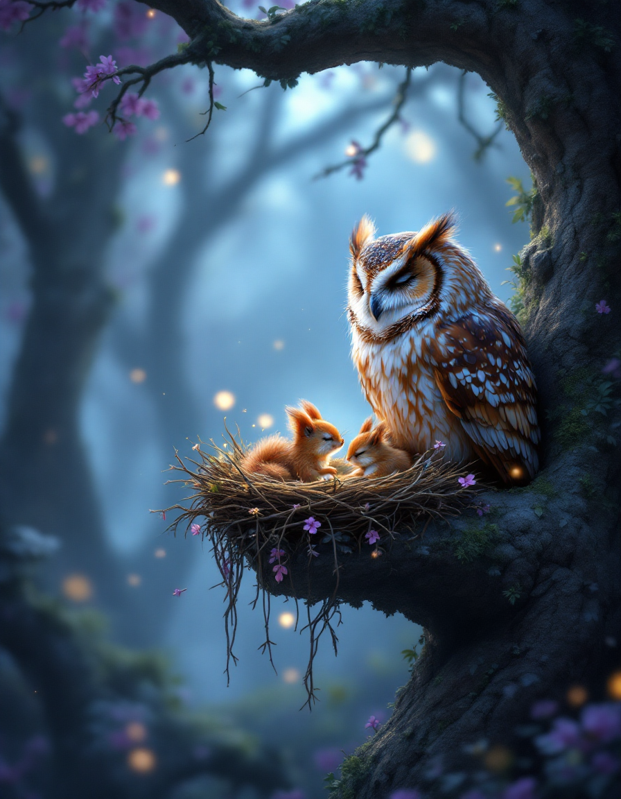 Owl with two baby squirrels in a nest on a tree branch in a glowing forest