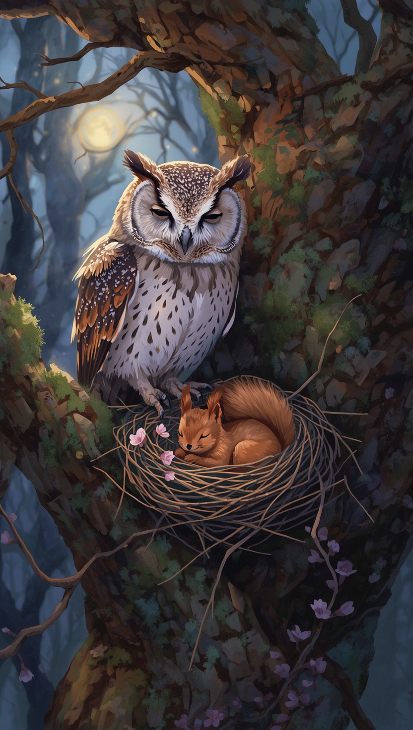 Illustration of an owl perched near a sleeping squirrel in a nest on a mossy tree branch under moonlight.