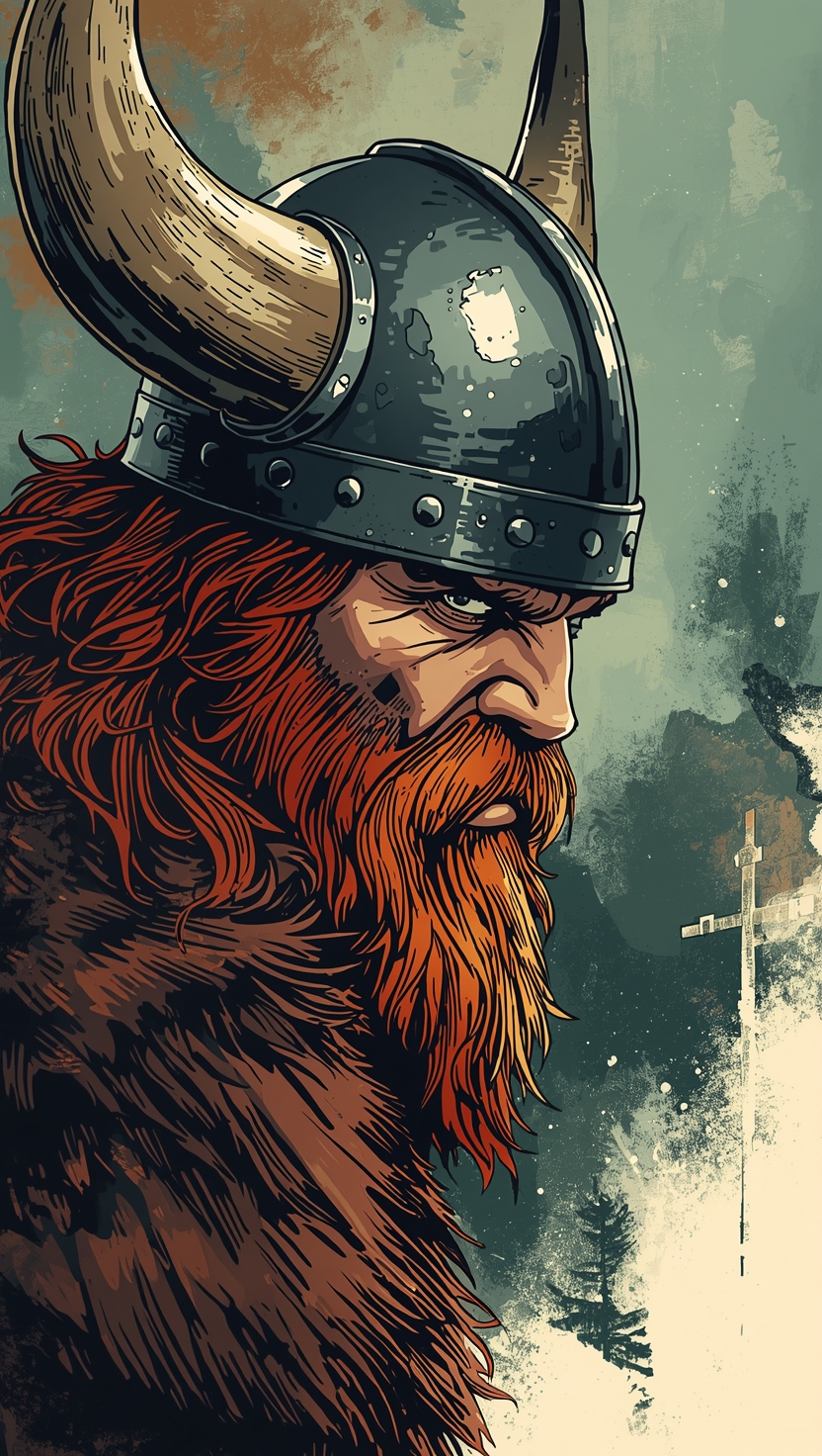 Viking warrior with horned helmet and red beard in a rugged illustrated style.