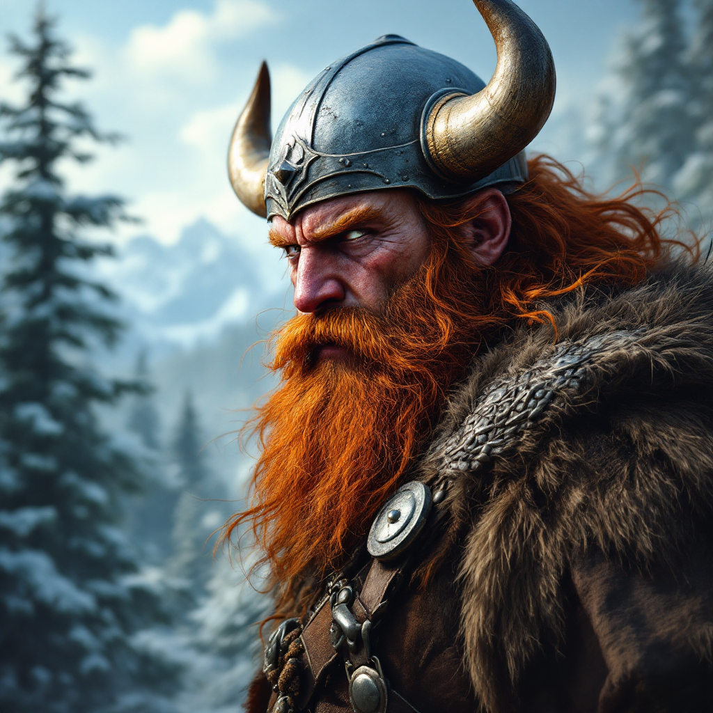 Viking warrior with horned helmet, long red beard, and fur cloak in a snowy forest.