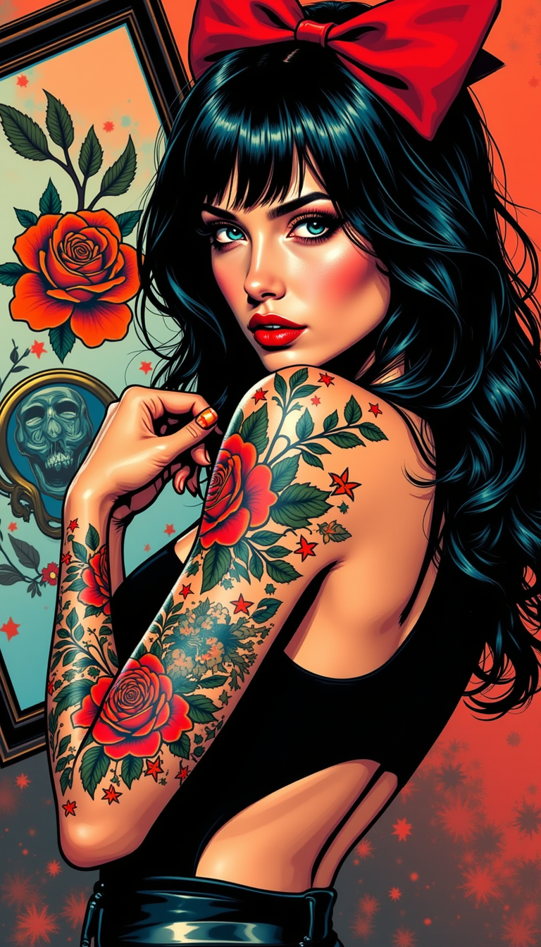 Stylized tattooed woman with rose sleeves, black hair, and a red bow.