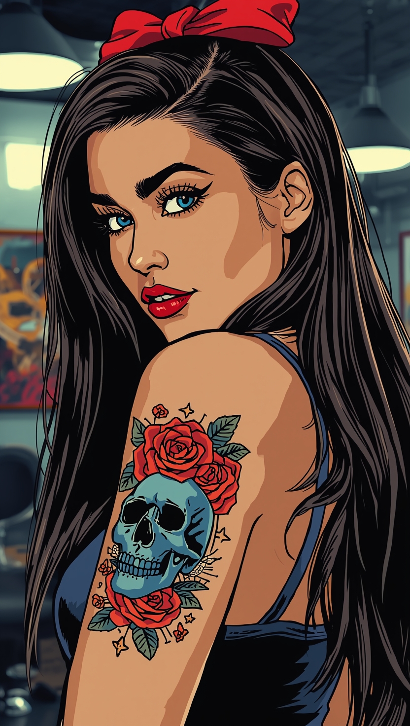 Stylized illustration of a woman with dark hair, red bow, and a skull-roses tattoo on her upper arm.
