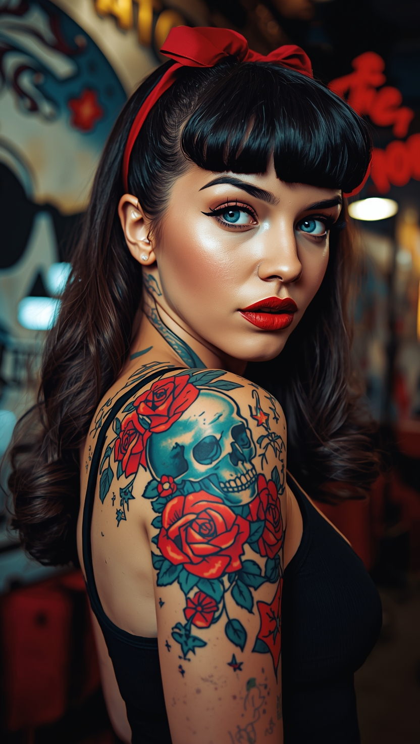 Portrait of a tattooed woman with roses and a skull on her sleeve, wearing a red headband.