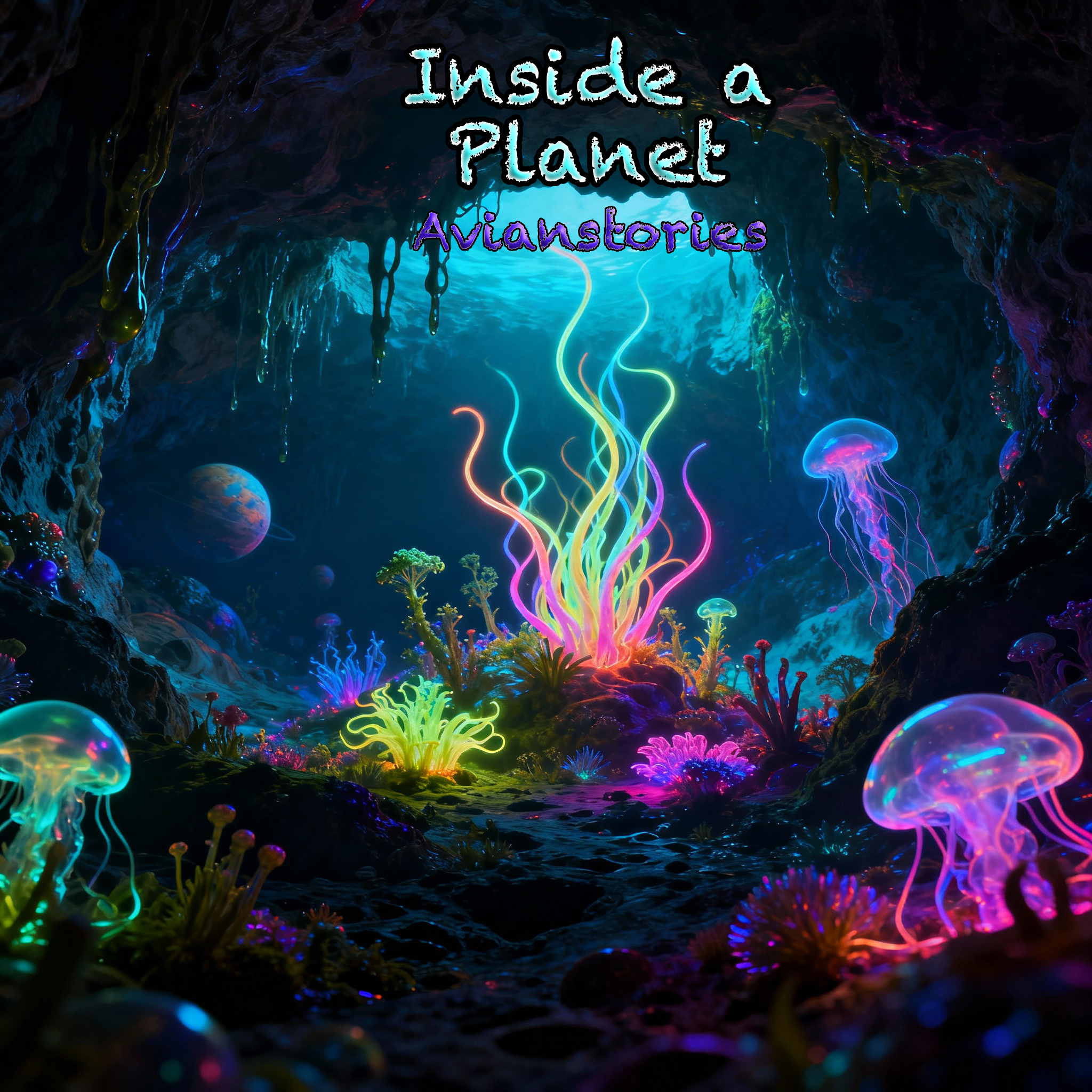 Neon bioluminescent underwater cavern filled with glowing jellyfish and vibrant coral