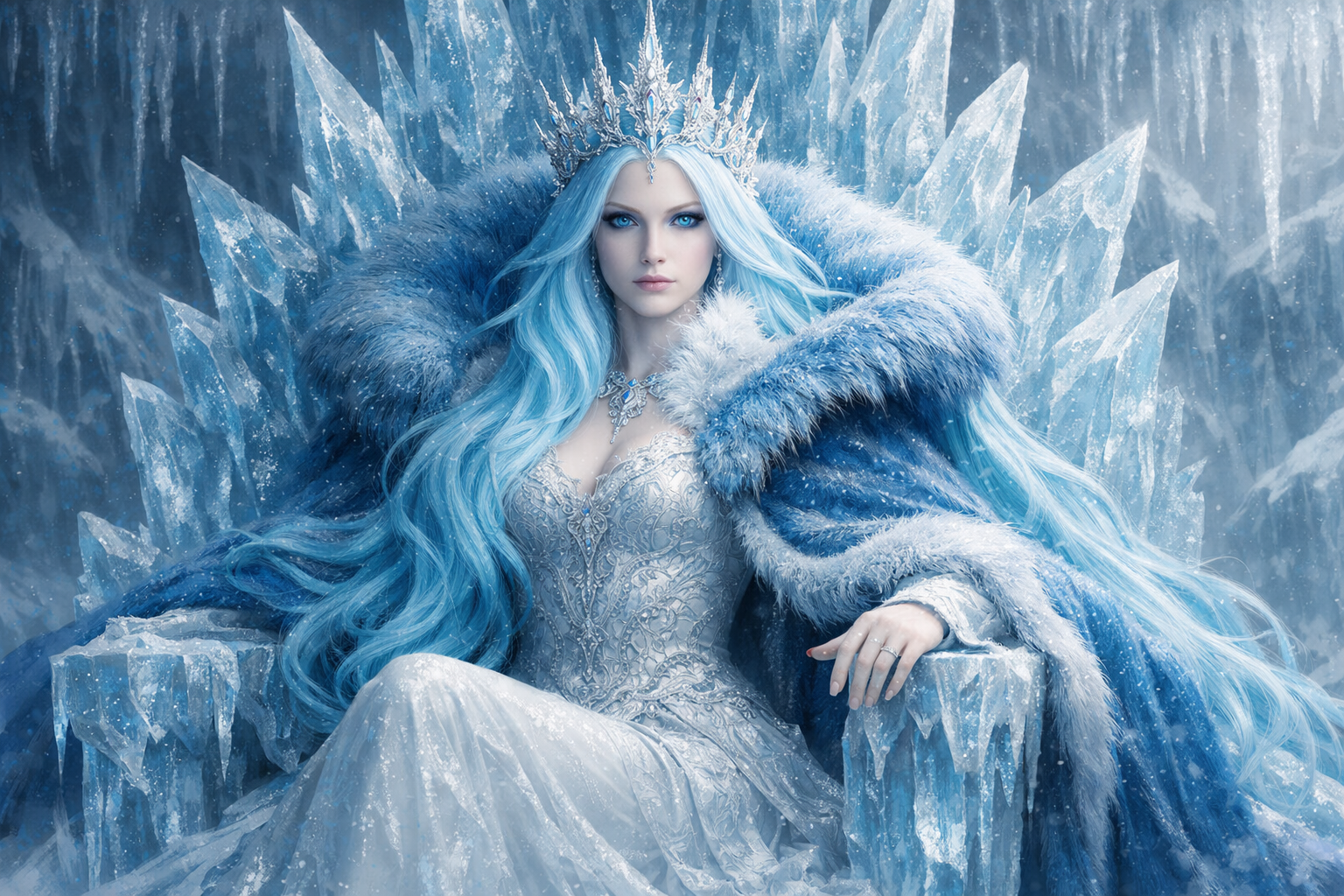 Ice queen seated on a throne of ice with blue fur cloak, silver gown, and crystal crown.