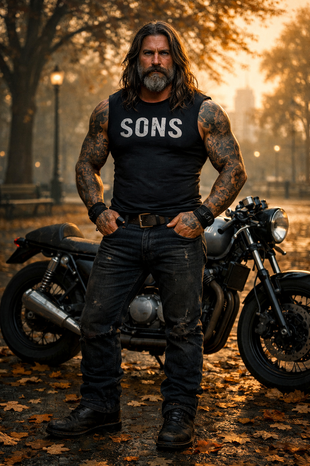 Muscular man with long hair and beard wearing a sleeveless "SONS" shirt, standing beside a motorcycle in an autumn park.