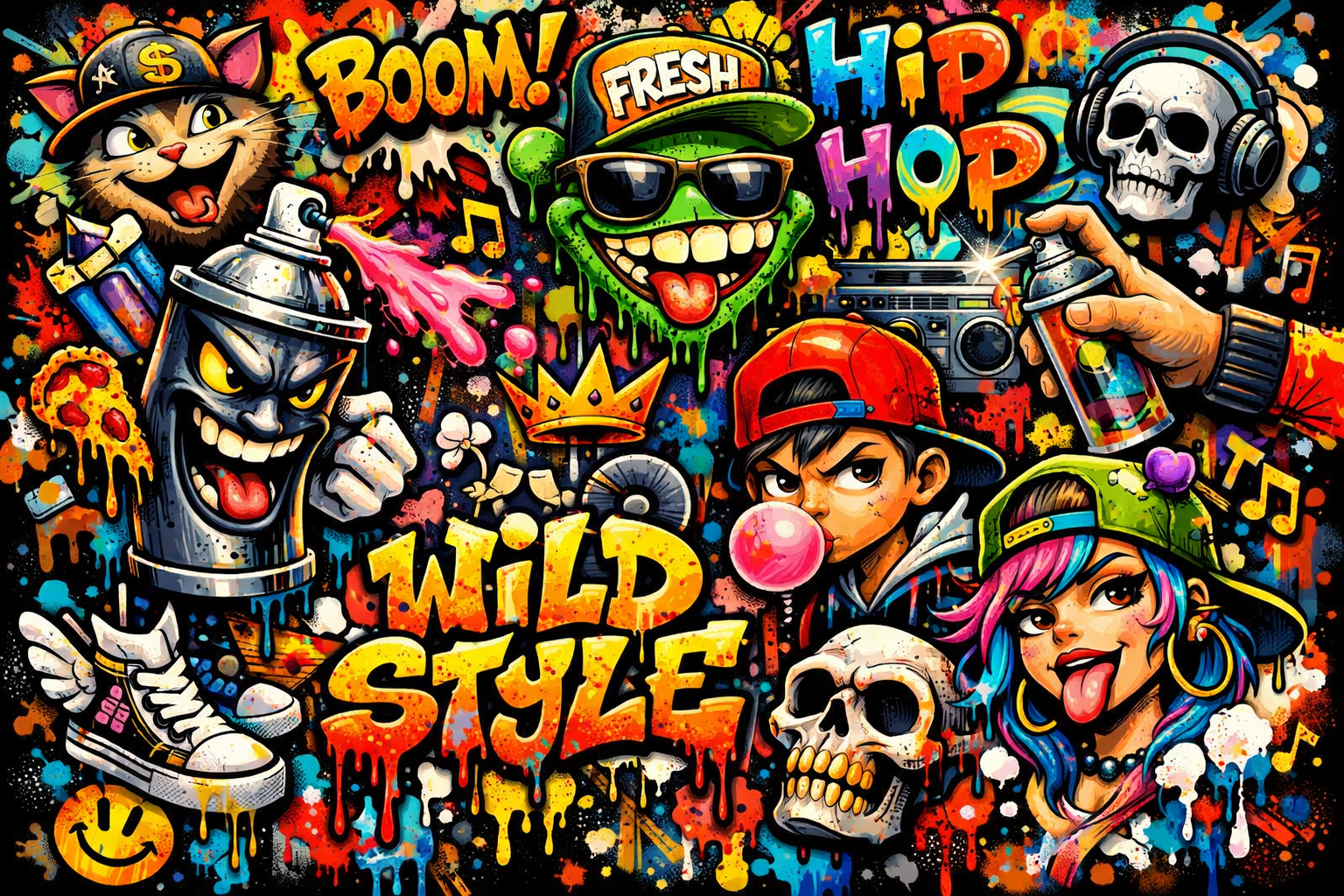 Colorful graffiti collage featuring wild style text, cartoon characters, skulls, spray cans and hip-hop vibe.