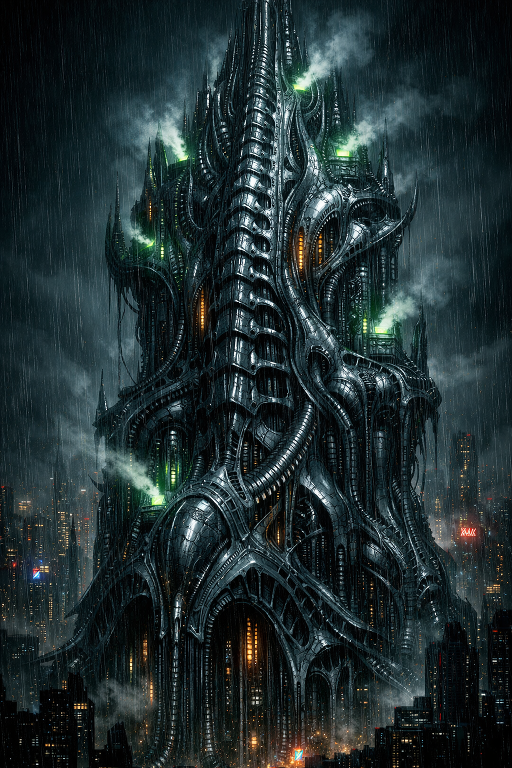 Menacing futuristic skyscraper with twisting metallic tentacles towering over a city.