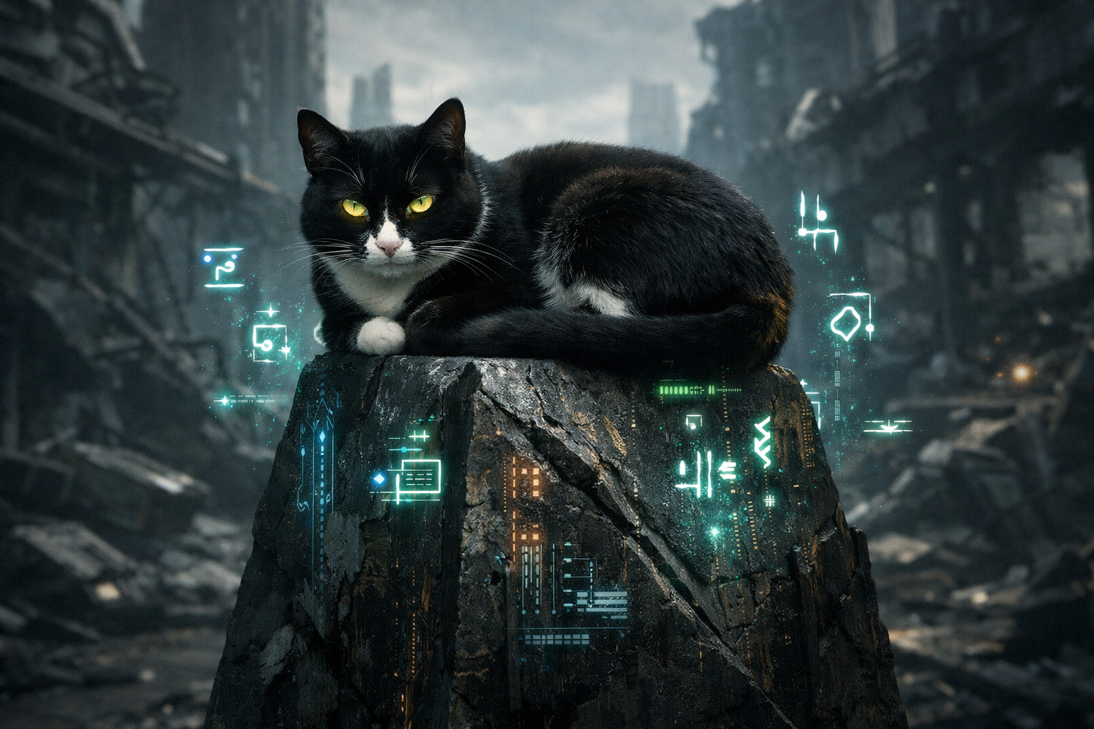 Black and white cat perched on a rock amid a futuristic neon-lit, post-apocalyptic cityscape.