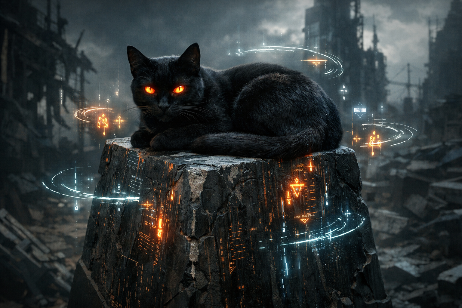 Black cat with glowing orange eyes perched on a jagged rock amid holographic rings in a ruined futuristic city.