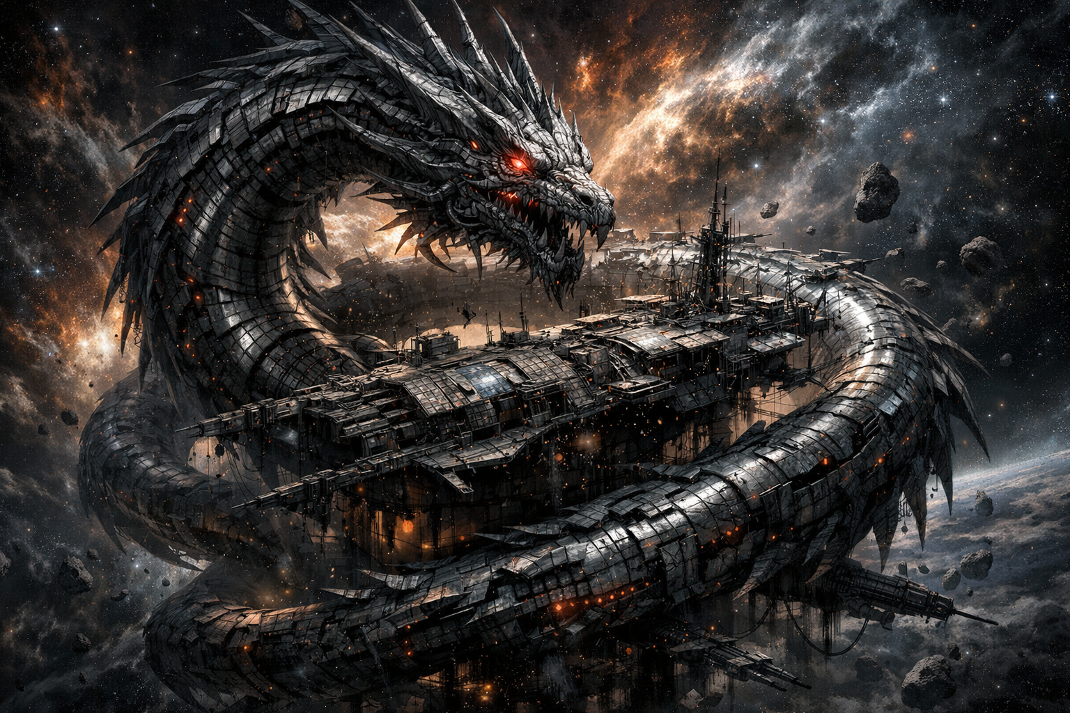 A colossal black space dragon coils around a brutal, industrial spaceship in deep space.