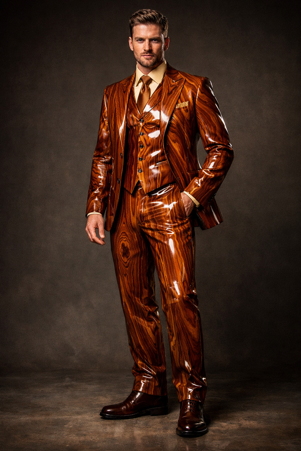 Man wearing a glossy brown 3-piece suit with vest, tie, and dress shoes, standing confidently.