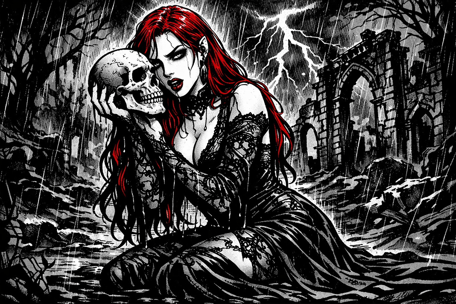 Gothic illustration of a red-haired woman in black lace holding a skull amid stormy ruins and arches.