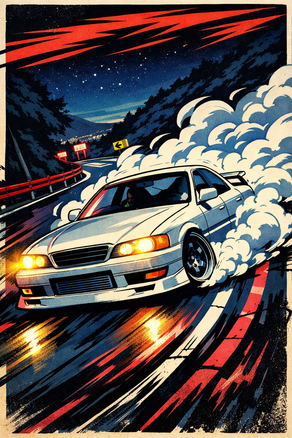 White sports car drifting on a night road with tire smoke and neon red streaks.