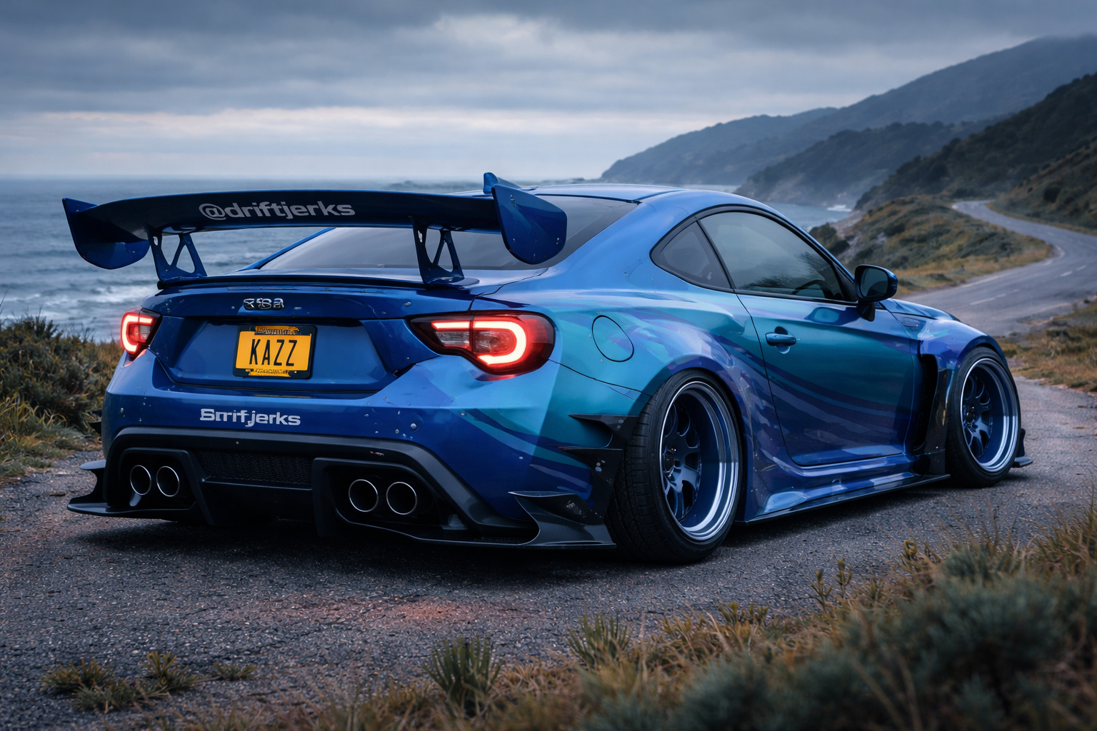 Blue modified sports car with a large rear wing parked on a coastal winding road.