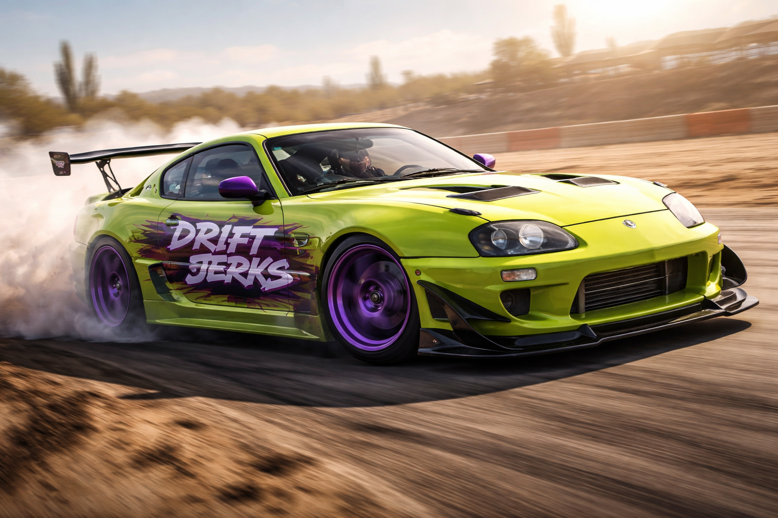 Green drift car with purple wheels and “Drift Jerks” graphic drifting on a desert track.