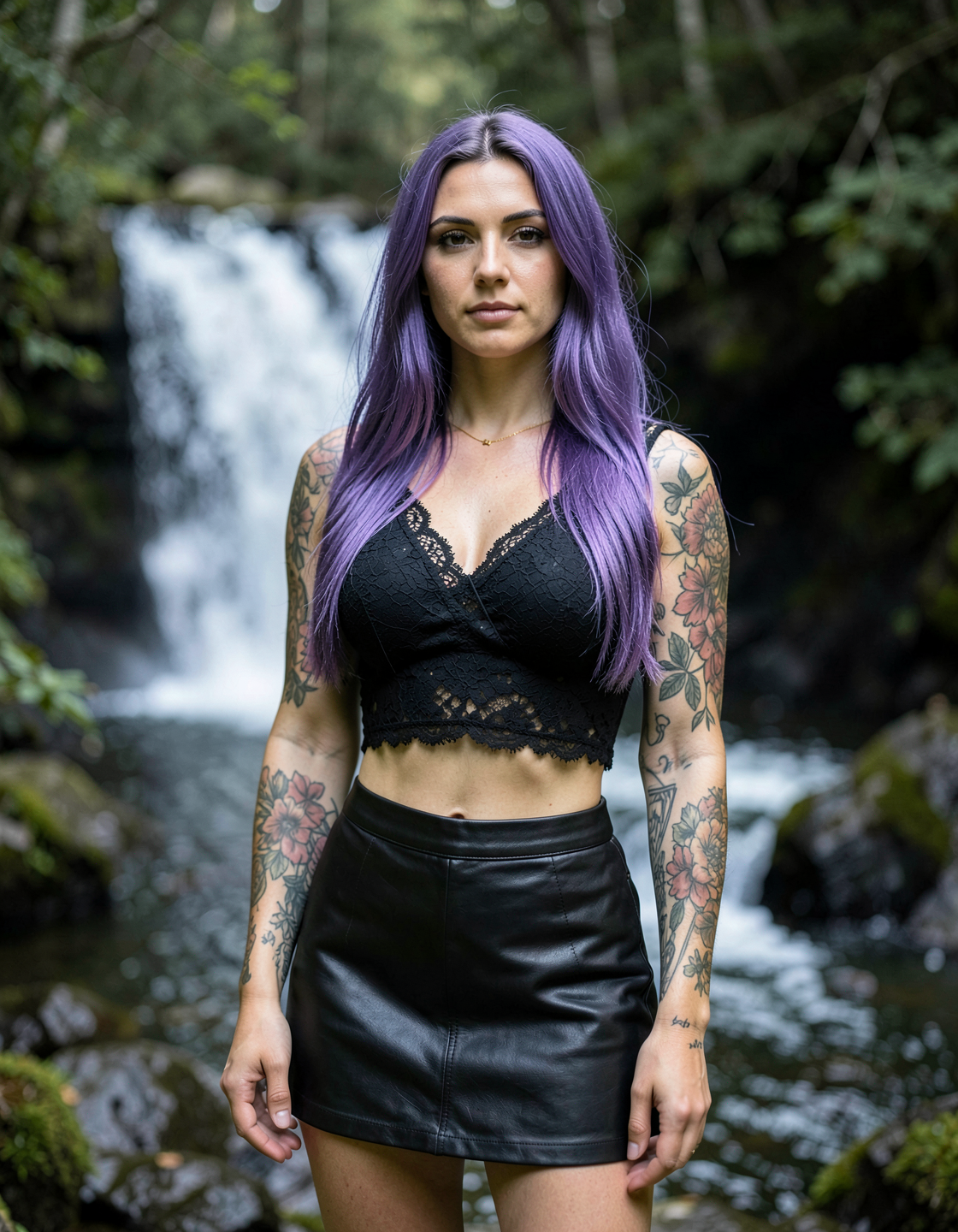 Woman with purple hair wearing a black lace crop top and leather mini skirt by a waterfall.