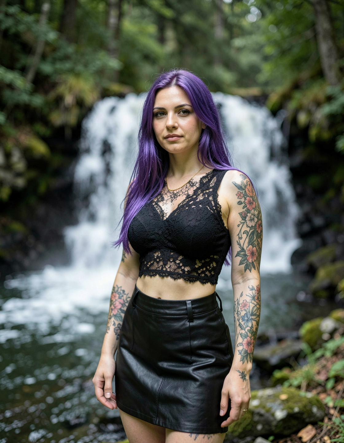 Young woman with purple hair in a black lace crop top and leather skirt by a waterfall.