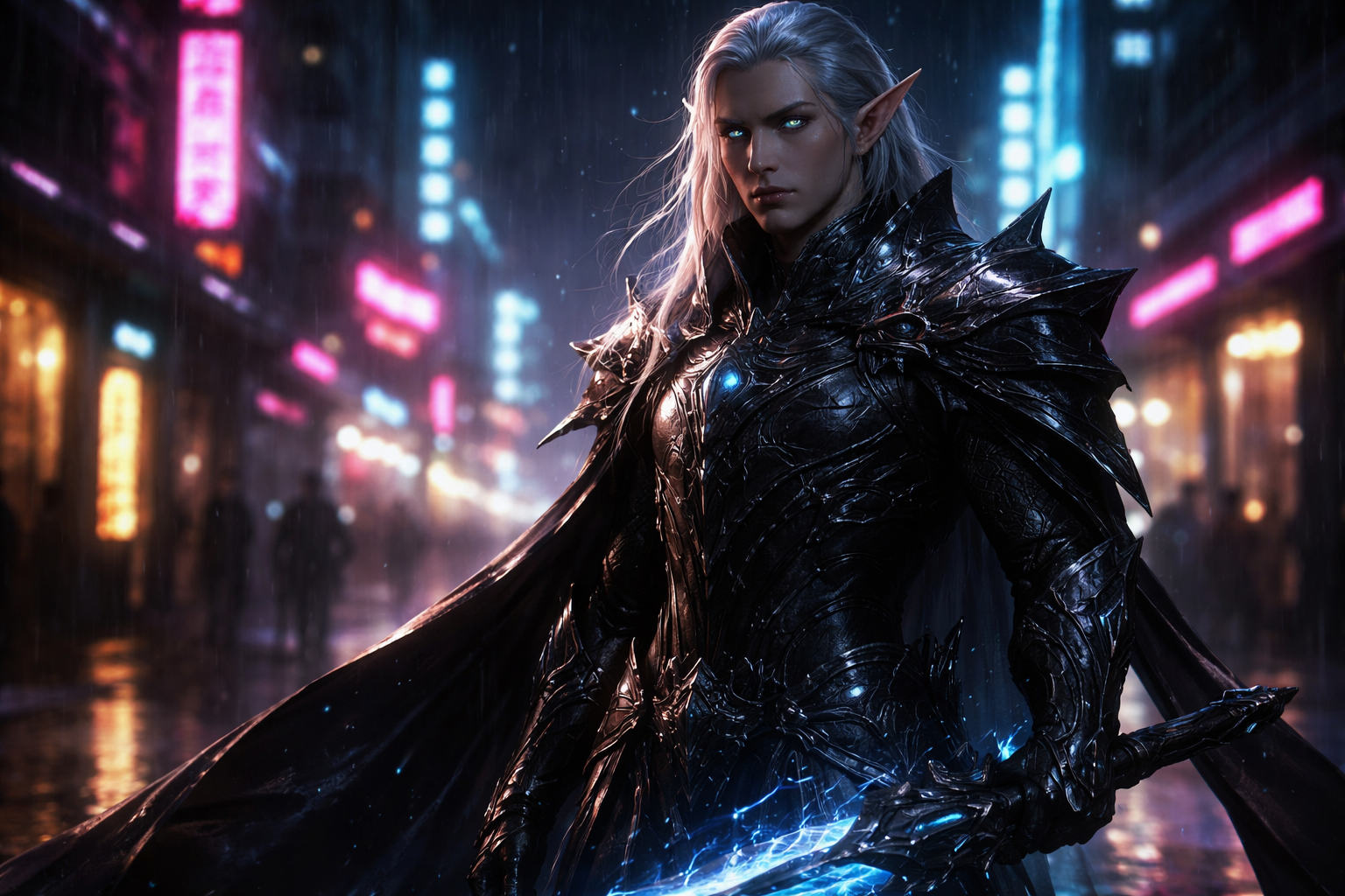 Dark armored elven warrior in a neon-lit street with a glowing blue sword