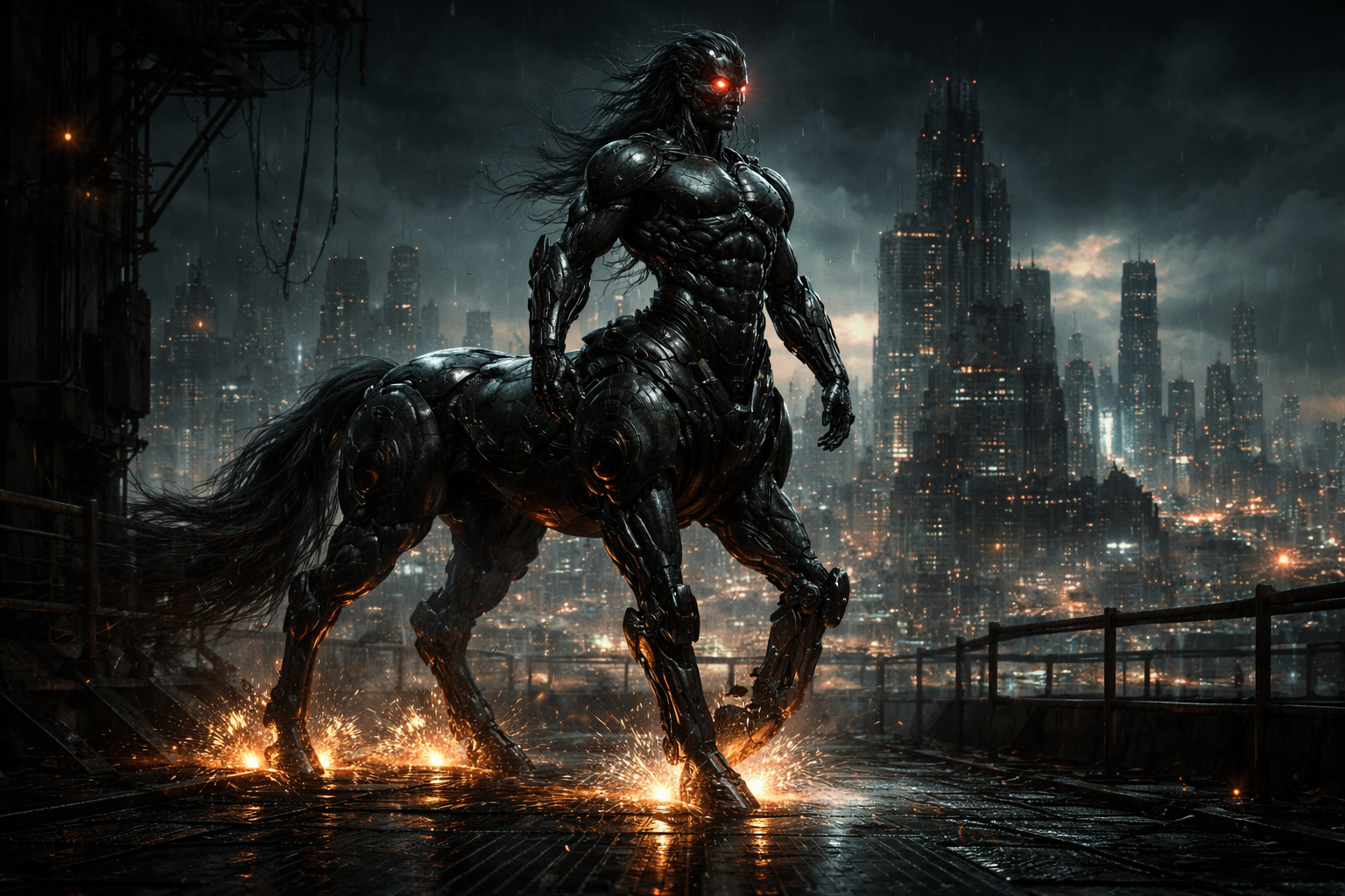 Menacing chrome-armored humanoid with glowing red eyes beside a dark, fiery steed in a neon-lit futuristic city.