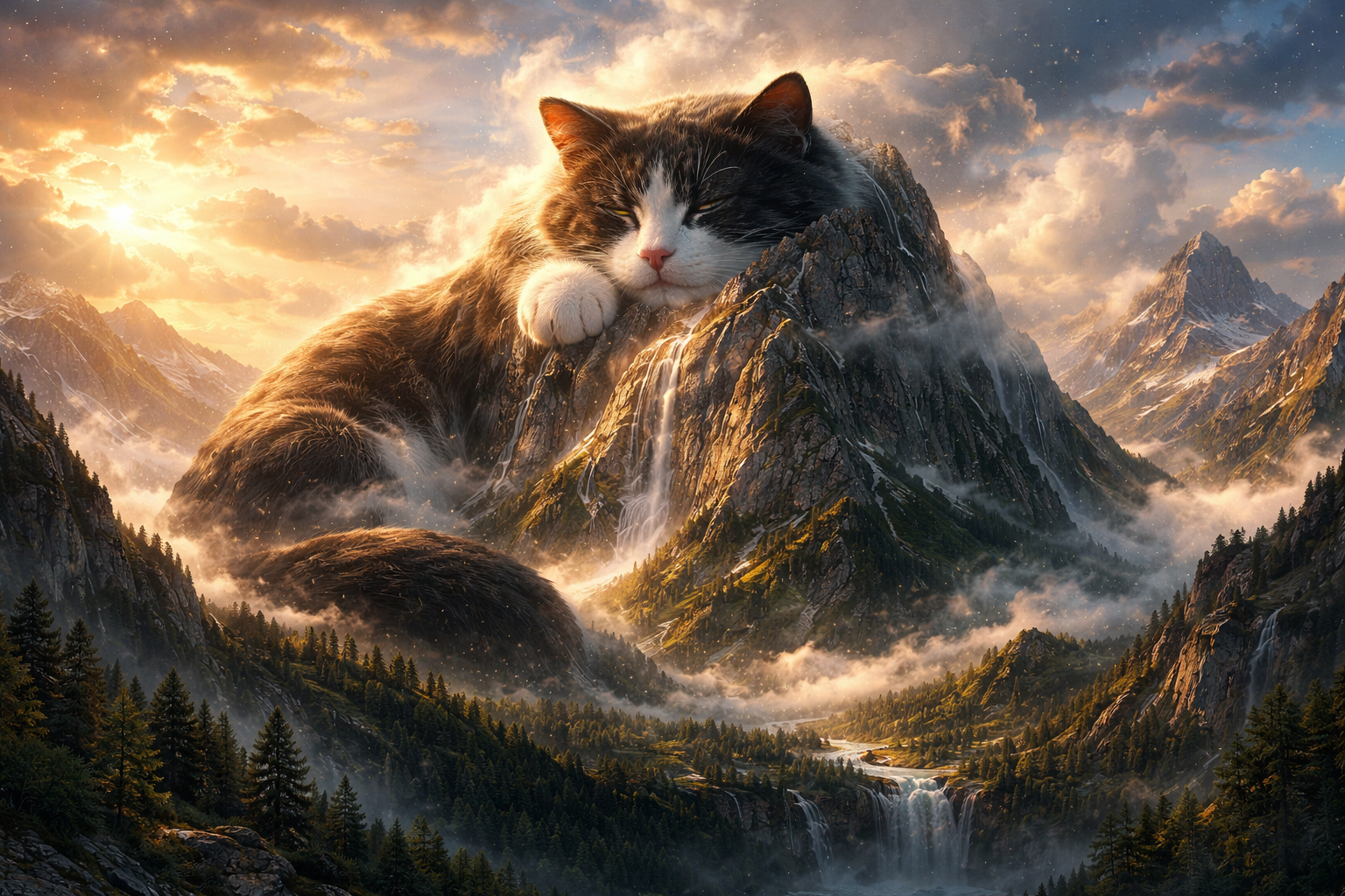 Giant sleeping cat draped over rugged alpine mountains at sunset