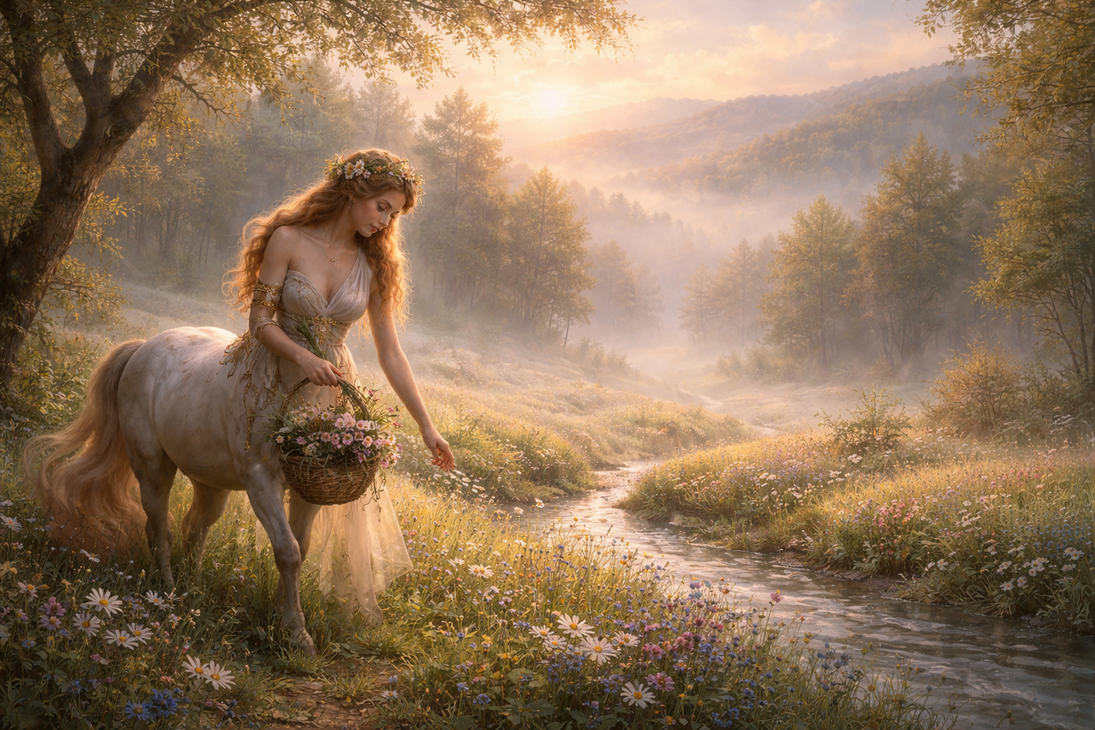 A woman in a flowing dress with flowers beside a white horse in a sunlit meadow by a gentle stream.