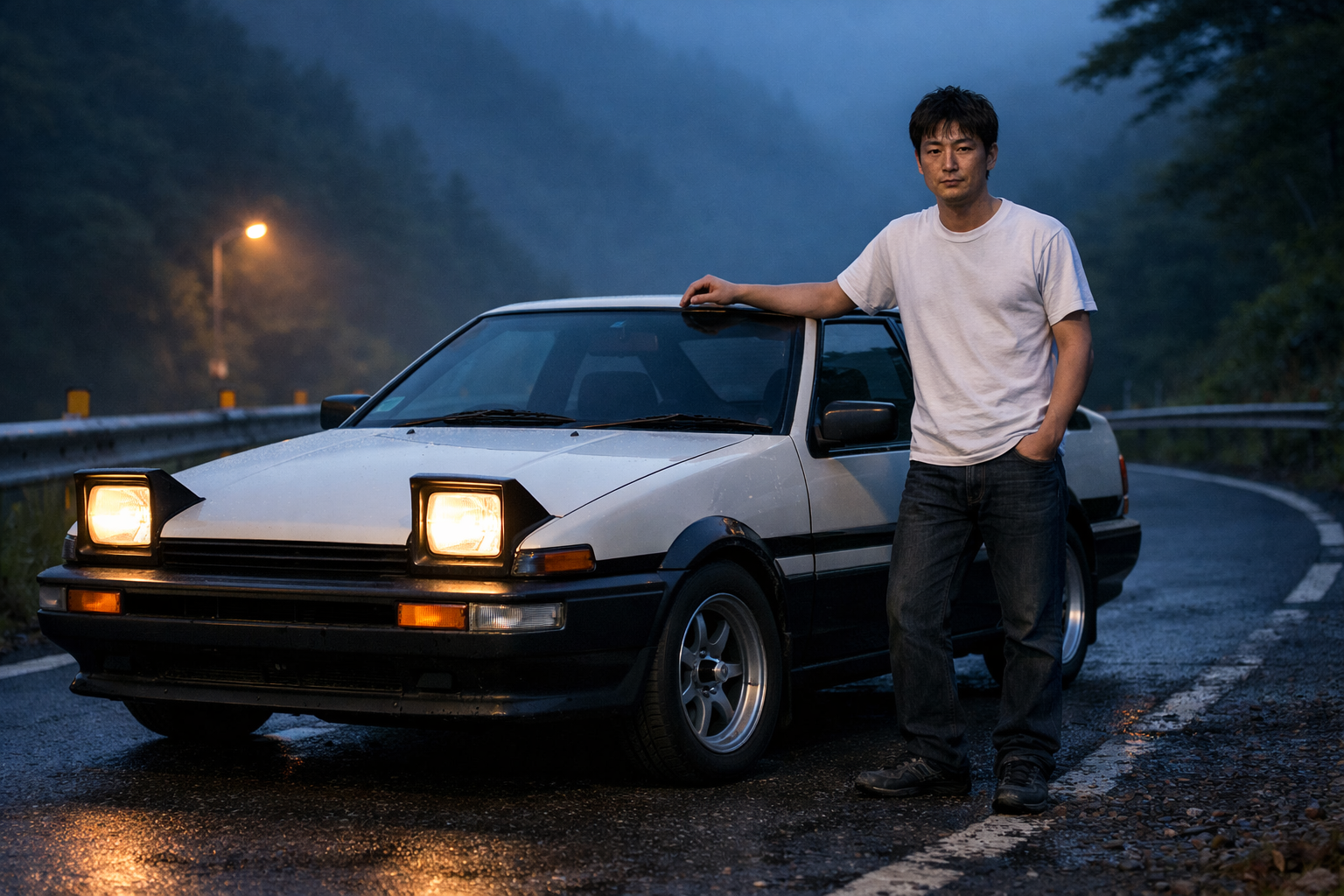Man leaning on a white vintage sedan with pop-up headlights on a rainy mountain road at dusk