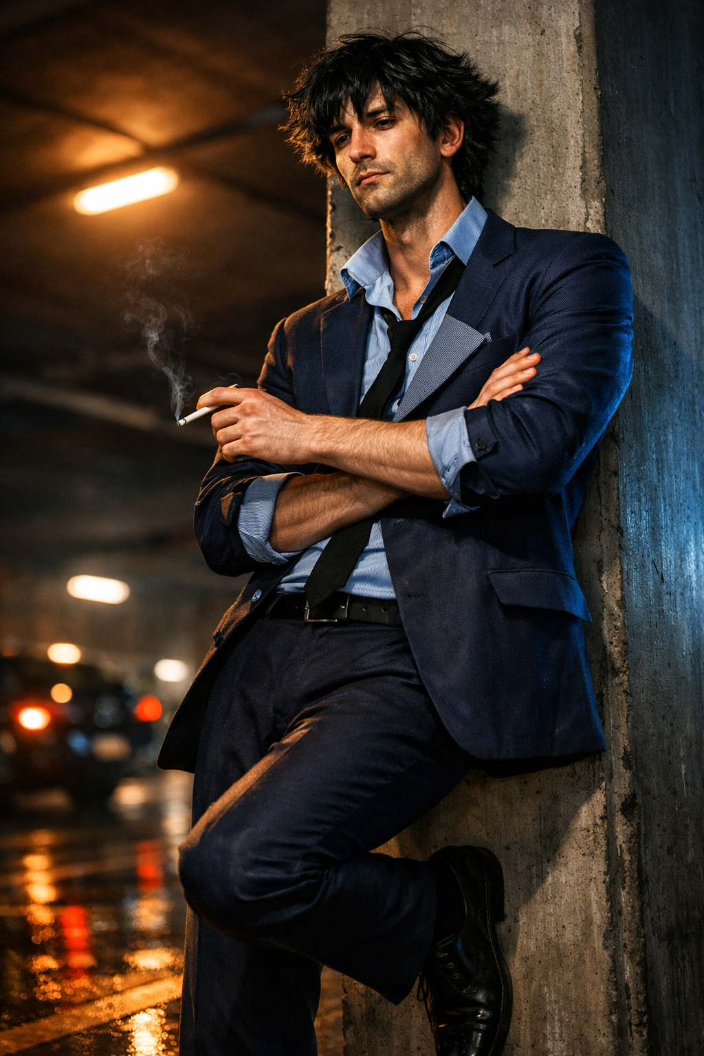 Man in a blue suit leaning against a concrete wall in a dim, neon-lit parking garage, smoking a cigarette.