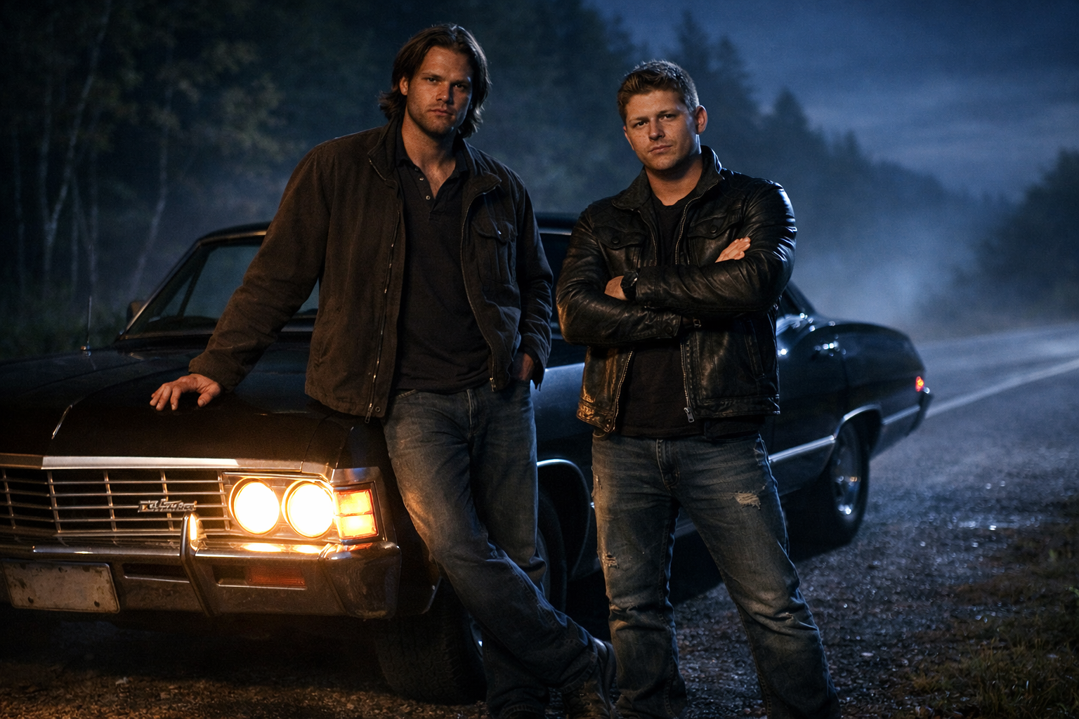 Two men leaning on a vintage car at night on a rural road.