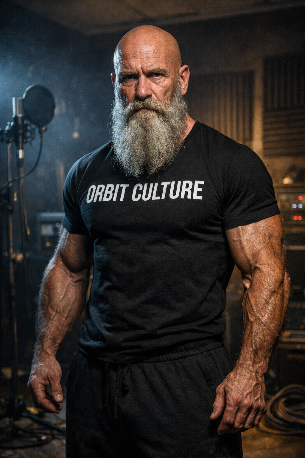 Muscular bearded man in a black “Orbit Culture” shirt in a recording studio.