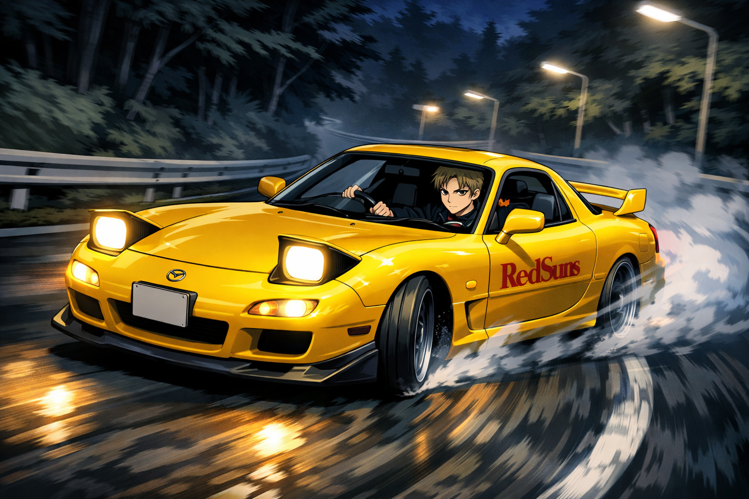 Anime-style yellow sports car drifting at night with smoke and street lights.