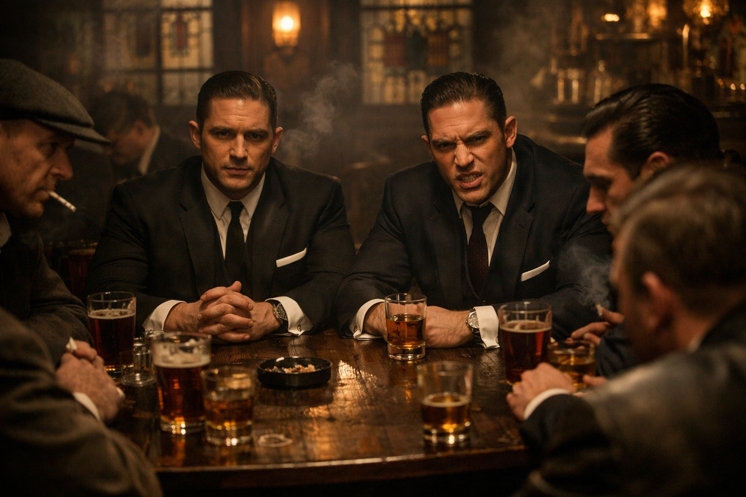 Group of suited men in a dim, smoky bar having a serious discussion over drinks.