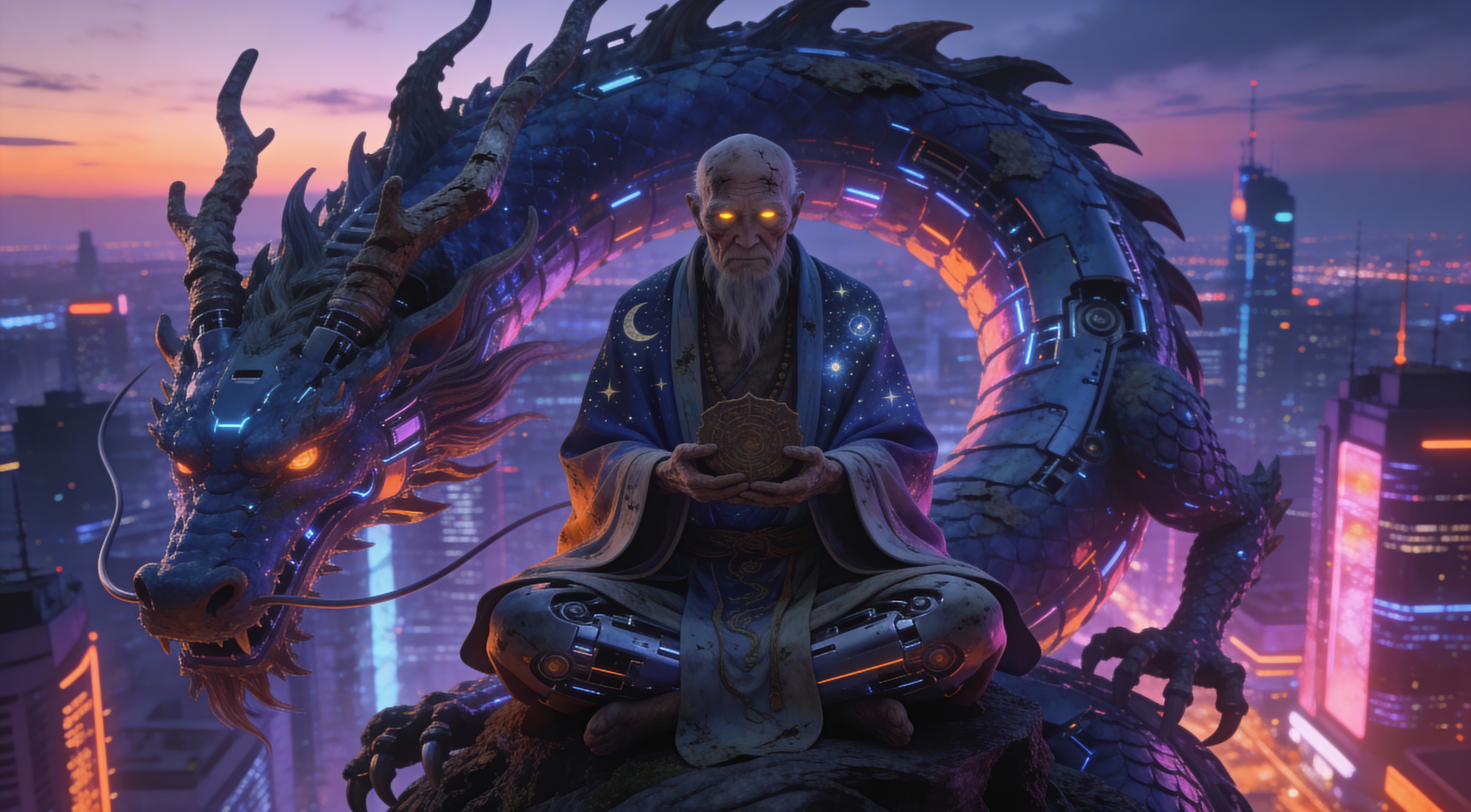 Old bearded mage meditating on a rock beside a neon dragon ring above a futuristic city.