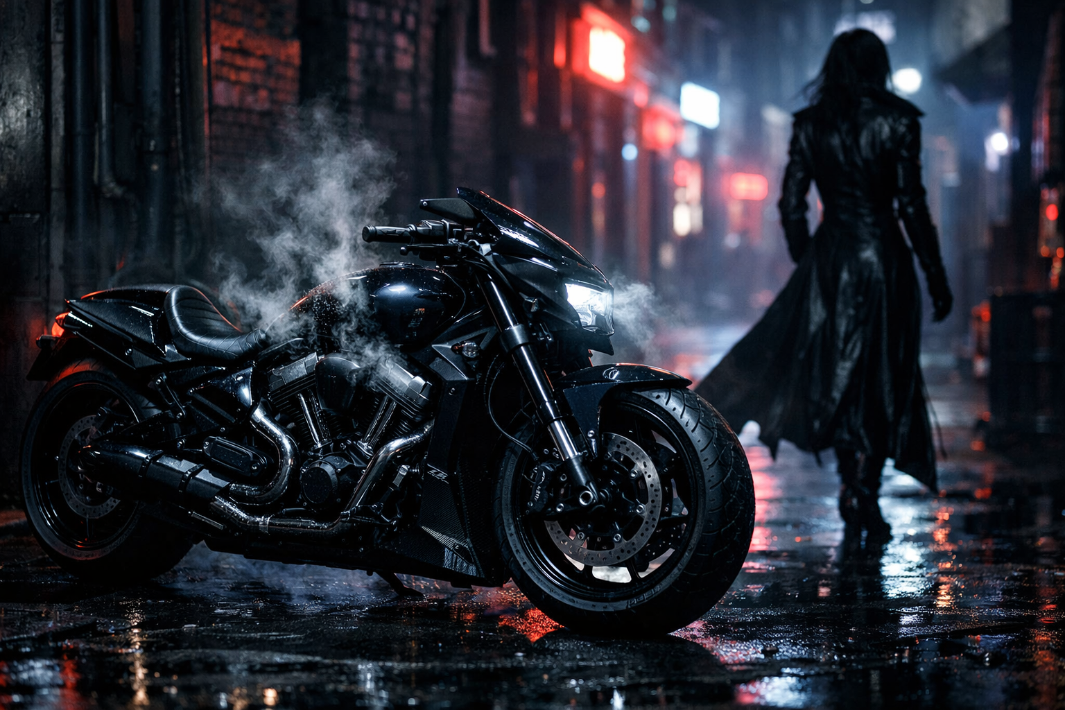 Nighttime street scene with a sleek black sport motorcycle and a silhouetted figure in a long coat.