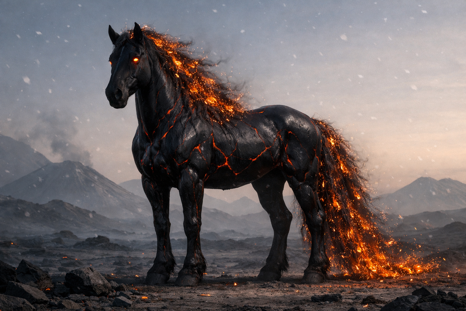 A black horse with glowing lava-like cracks and fiery mane stands on volcanic rocky terrain with distant mountains.
