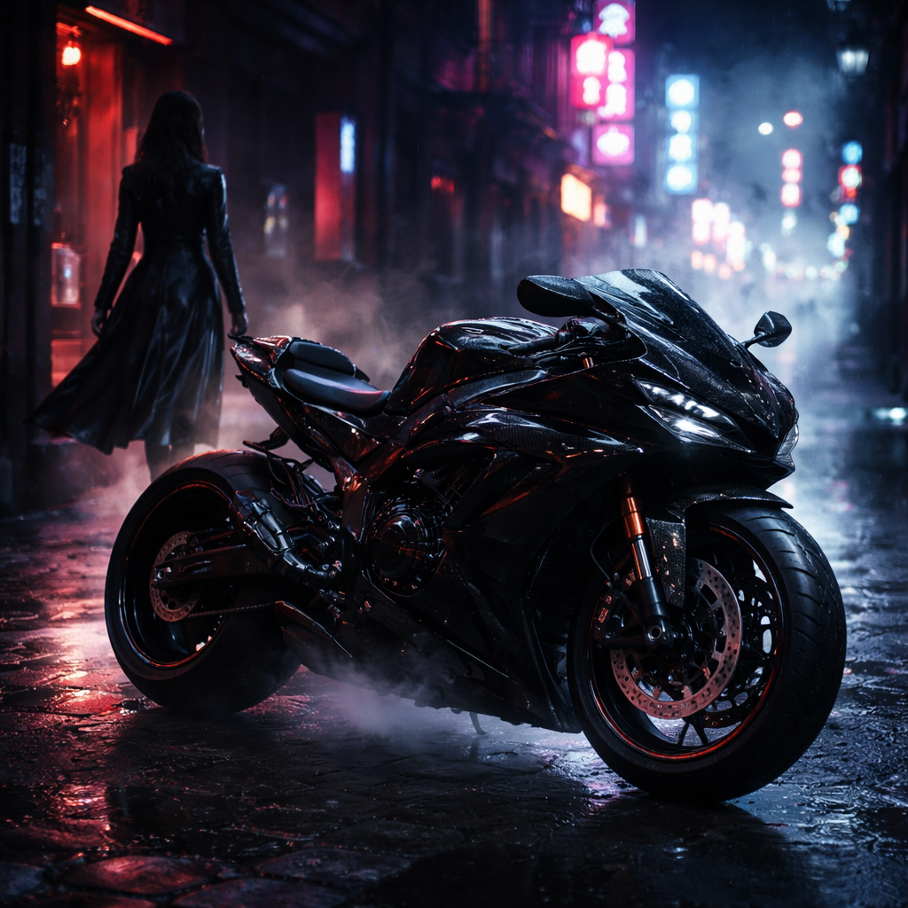 Dark neon-lit street with a sleek black sport motorcycle and a silhouette in a trench coat.